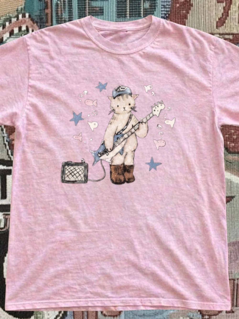 Gildan Light Pink Kids Tee with Musical Cat Graphic